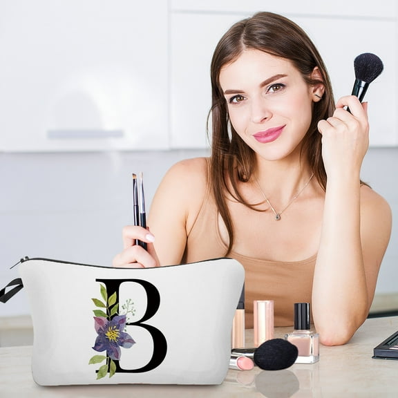 Makeup Bag, Personalized Floral Letter Cosmetic Bag, Watercolor Alphabet Initial Makeup Pouch Birthday Gift For Women Mom Friend Bride