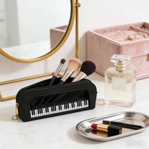 Makeup Bag,Piano Key Transparent Makeup Bag, Large Capacity Cosmetic Brush Organizer, Artificial Leather Storage Bag for Girls, Stylish and Portable