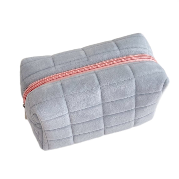 Makeup Bag, Plush Grid Checked Cosmetic Pouch, 1 Piece Light Gray Portable Toiletry Organizer, Soft Stress Relief Travel Storage Bag for Cosmetics Toiletries Skincare Products Daily Use