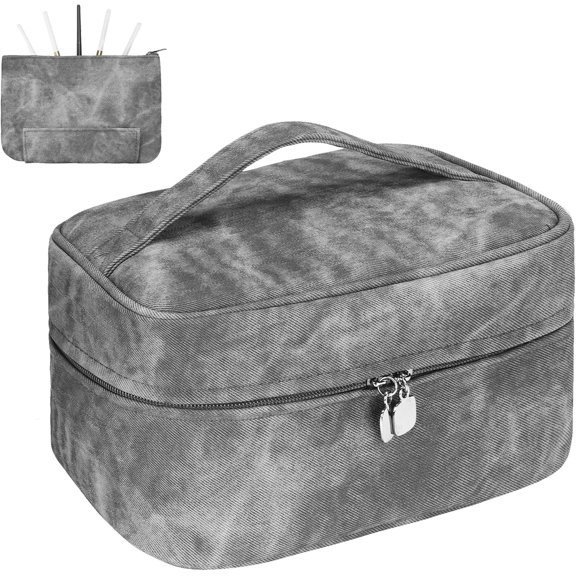 Makeup Bag, Portable Bag, Large Capacity Travel Makeup Case Organizer,Stylish Denim-Look Toiletry Bag for Women Girls With Handle and Removable Pouch