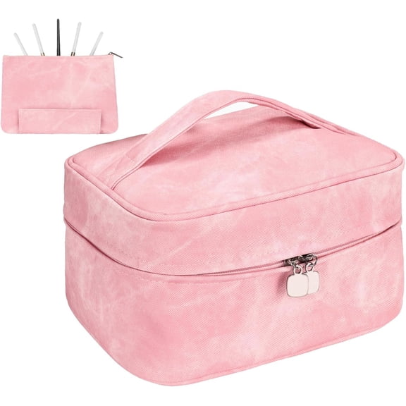 Makeup Bag, Portable Bag, Large Capacity Travel Makeup Case Organizer,Stylish Denim-Look Toiletry Bag for Women Girls With Handle and Removable Pouch