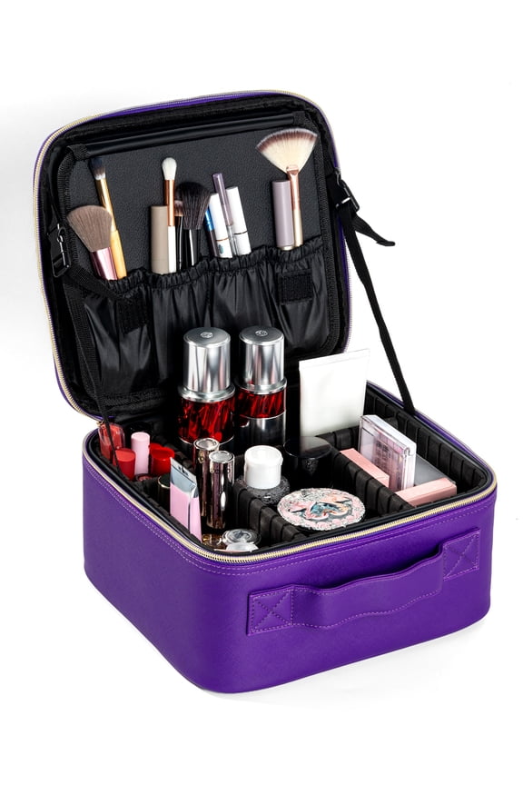 Makeup Bag,Portable Cosmetic Bag with Handle and Divider,Large Capacity Travel Makeup Case Organizer for Women Girls Traveling(Purple)