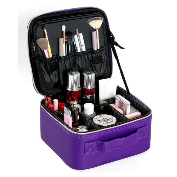 Makeup Bag,Portable Cosmetic Bag with Handle and Divider,Large Capacity Travel Makeup Case Organizer for Women Girls Traveling(Purple)