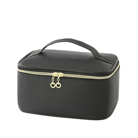 Makeup Bag, Portable Cosmetic Case, Large Capacity Travel Organizer, Black Toiletry Bag With Handle & Divider For Women/Girls