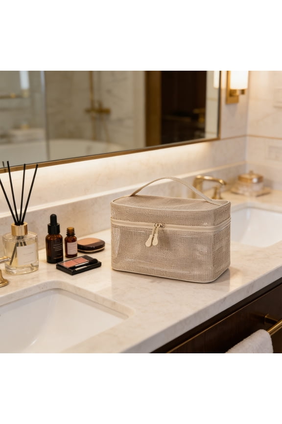 Makeup Bag,Portable Cosmetic Organizer,Large Capacity Travel Storage Bag,Multi Compartment Makeup Pouch,Mesh Handbag Organizer,Zipper Closure Storage,Cosmetic Carrying Bag,Travel Makeup Organizer