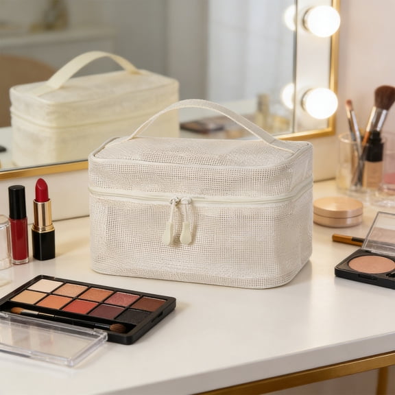 Makeup Bag,Portable Cosmetic Organizer,Large Capacity Travel Storage Bag,Multi Compartment Makeup Pouch,Mesh Handbag Organizer,Zipper Closure Storage,Cosmetic Carrying Bag,Travel Makeup Organizer