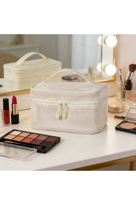 Makeup Bag,Portable Cosmetic Organizer,Large Capacity Travel Storage Bag,Multi Compartment Makeup Pouch,Mesh Handbag Organizer,Zipper Closure Storage,Cosmetic Carrying Bag,Travel Makeup Organizer