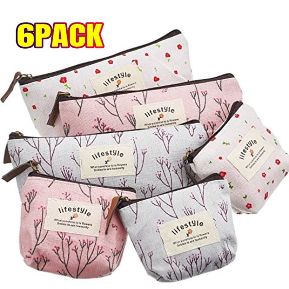 Makeup Bag for Purse, 6 Pack 2 Sizes Canvas Floral Small Zipper Pouch Portable Cute Linen Fabric Mini Cosmetic Bag for Home Travel Lipstick Coin Cards Storage