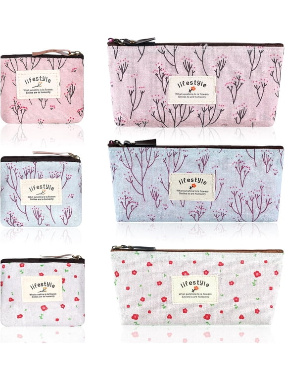 Makeup Bag for Purse, 6 Pack 2 Sizes Canvas Floral Small Zipper Pouch Portable Cute Linen Fabric Mini Cosmetic Bag for Home Travel Lipstick Coin Cards Storage