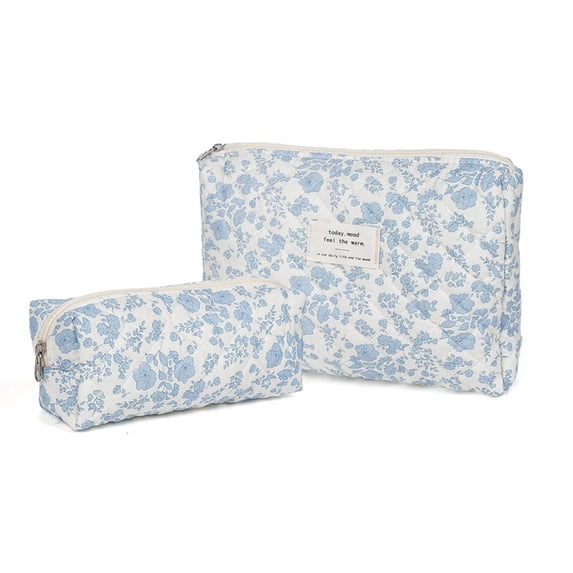 Makeup Bag,Quilted Cosmetic Bag,Floral Toiletry Bag for Women,Cotton Makeup Bag Set,Cute Kawaii Travel Toiletry Bag,Large Capacity Portable Make Up Bag(Blue Floral)