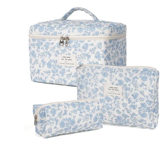 Makeup Bag,Quilted Cosmetic Bag,Floral Toiletry Bag for Women,Cotton Makeup Bag Set,Cute Kawaii Travel Toiletry Bag,Large Capacity Portable Make Up Bag(Blue Floral)