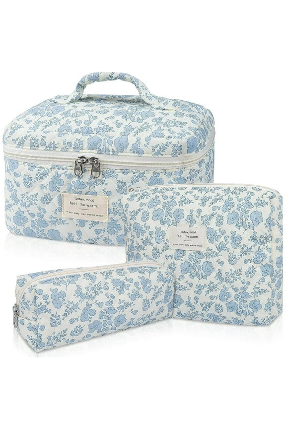 Makeup Bag Set, Cute Cotton Organizer Bag, Flower Travel Toiletry Bag for Women Girls, 3 Pcs