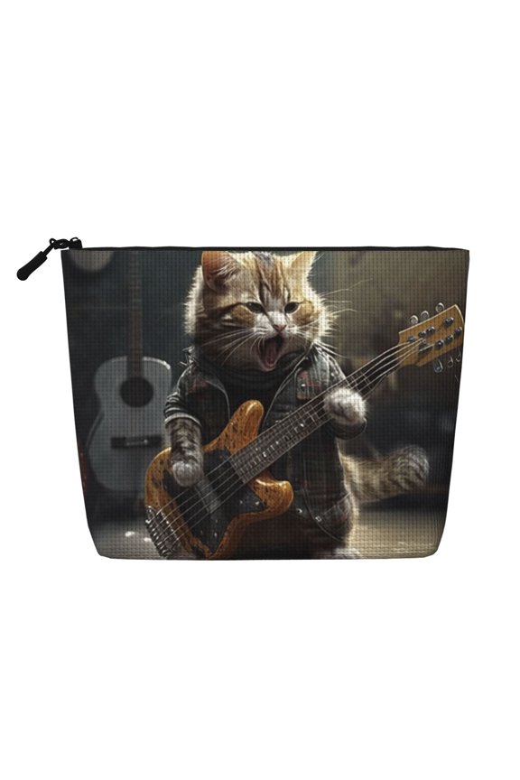 Makeup Bag Small Cosmetic Bags for Women Travel Toiletry Bag Zipper Pouch Purse Organizer Pouches, Cat Playing Guitar Rock Music