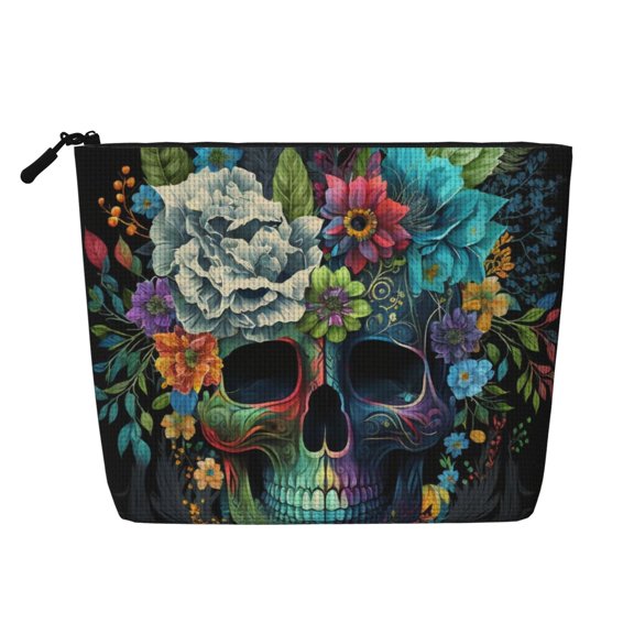 Makeup Bag Small Cosmetic Bags for Women Travel Toiletry Bag Zipper Pouch Purse Organizer Pouches, Floral Sugar Skull Flowers