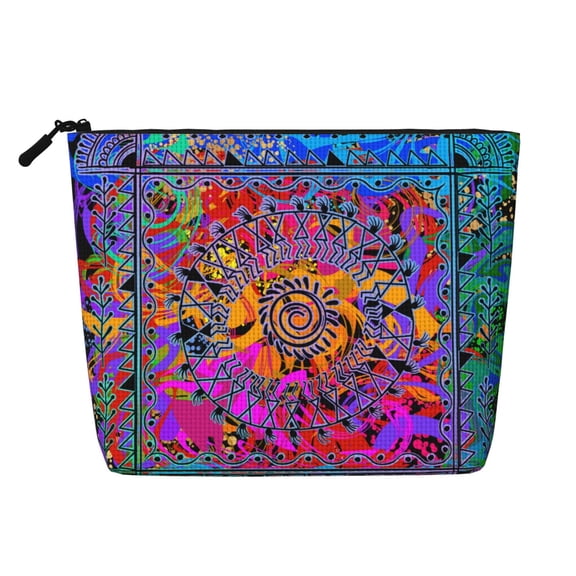 Makeup Bag Small Cosmetic Bags for Women Travel Toiletry Bag Zipper Pouch Purse Organizer Pouches, Indian Tribal Art Colorful