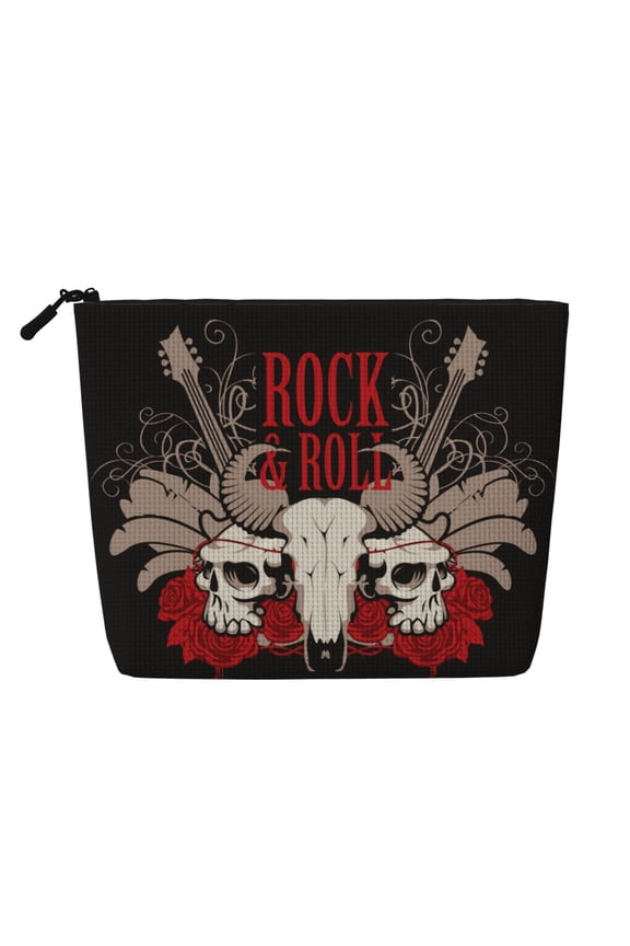 Makeup Bag Small Cosmetic Bags for Women Travel Toiletry Bag Zipper Pouch Purse Organizer Pouches, Rock And Roll Guitar Skull Roses