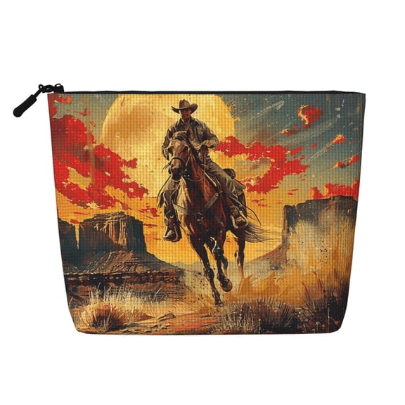 Makeup Bag Small Cosmetic Bags for Women Travel Toiletry Bag Zipper Pouch Purse Organizer Pouches, Western Desert Cowboys Vintage Art