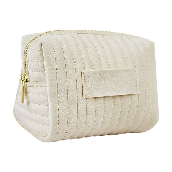 Makeup Bag Small Striped Velvet Cosmetic Bag for Women,Mini Toiletry Bag with Metal Zipper,Soft Cosmetic Storage Bag Travel Makeup Essentials Organizer Pouch Bags