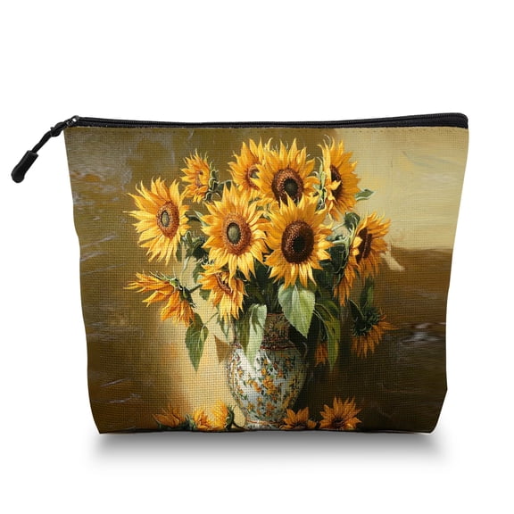 Makeup Bag Small Toilet Cosmetic Bags Travel Makeup Case Waterproof for Women Girls 6.7X9.45inches - Beautifully Decorated Vase Filled With Sunflowers