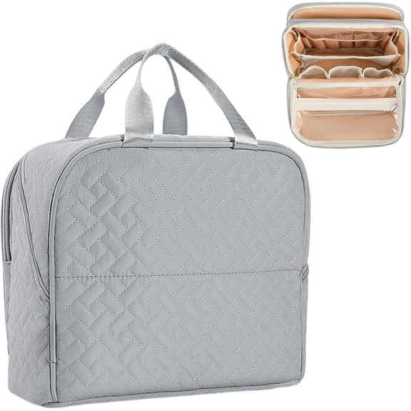 Makeup Bag, Stand up Large Capacity with Room for Brushes and Mirror, Travel Makeup Organizer, Portable Standing Make Up Case, Toiletry Bags with Handle, Color Grey