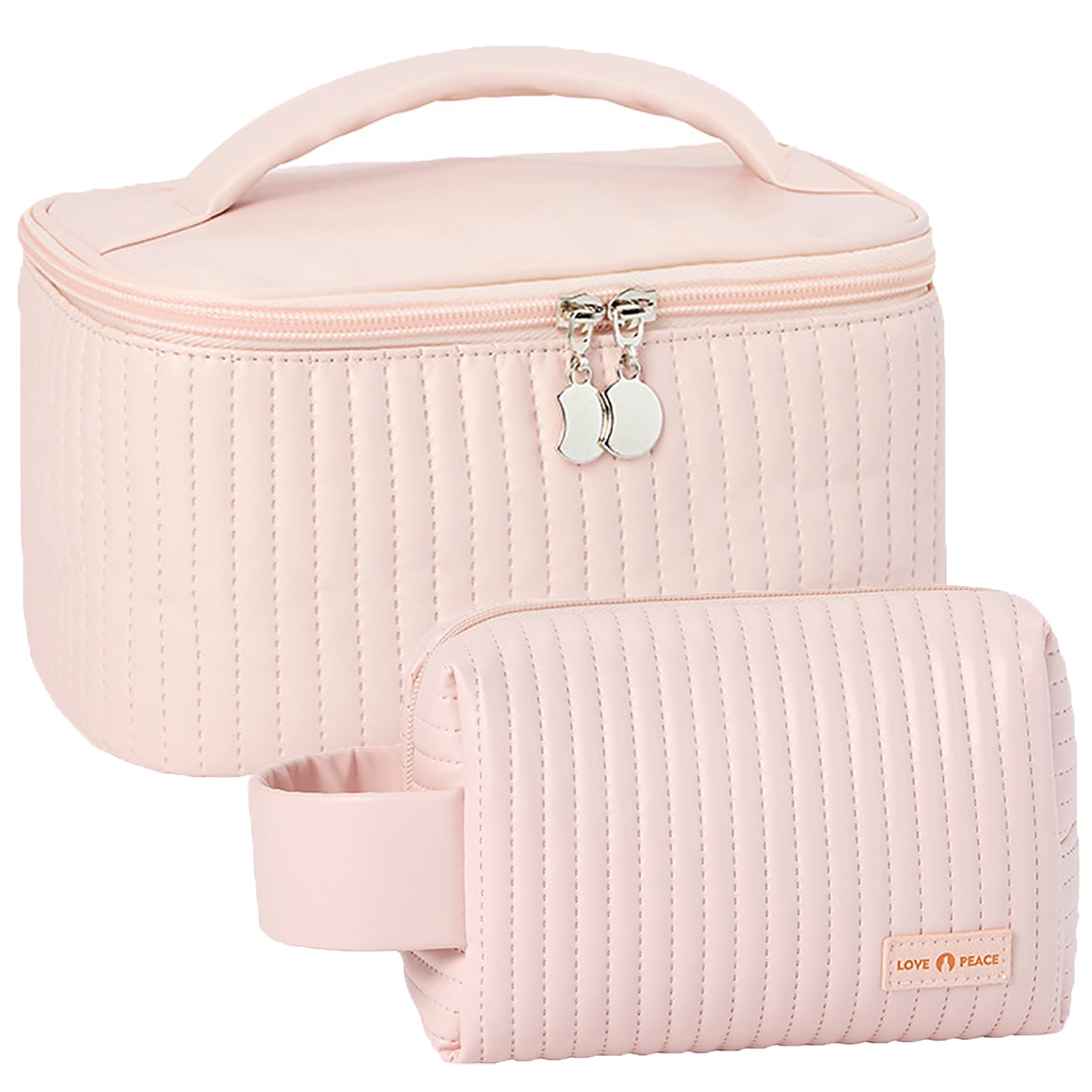 Makeup Bag, Striped Leather Large Travel Cosmetic Bag with Handle