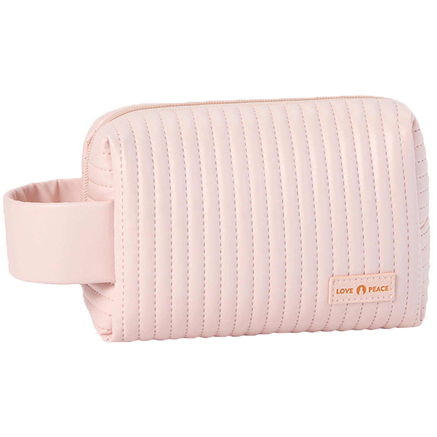 Makeup Bag, Striped Leather Small Travel Cosmetic Bag with Handle