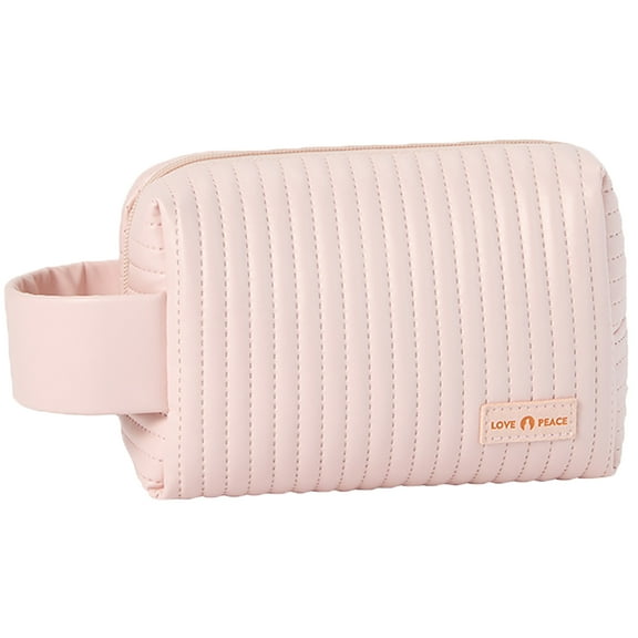 Makeup Bag, Striped Leather - Small Travel Cosmetic Bag with Handle, Divider - Ideal Organizer for Women, Girls - for School, Travel - Portable & Waterproof