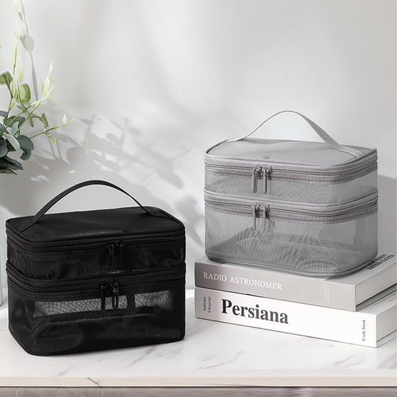 Makeup Bag, Toiletry Bag, Double Layer Large Capacity Mesh Cosmetic Bag with Sturdy Handle for Travel can Clearly See What's Inside and Save Your Time, Gray