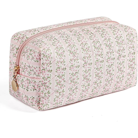 Makeup Bag Travel Cosmetic Bag for Women Girls, Zipper Floral Flowers Toiletry Organizer Makeup, Pink