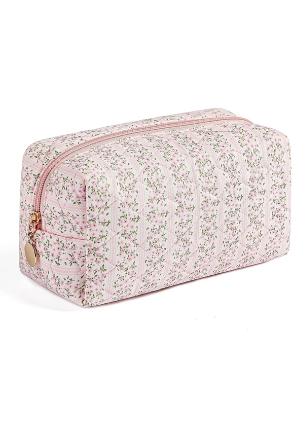 Makeup Bag Travel Cosmetic Bag for Women Girls, Zipper Floral Flowers Toiletry Organizer Makeup, Pink
