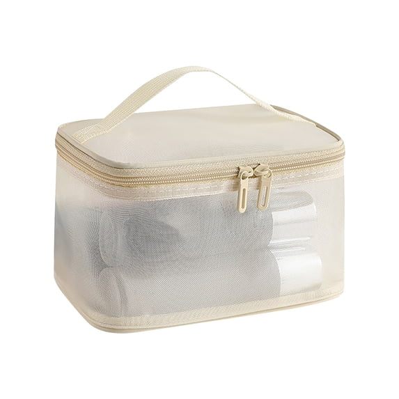 Makeup Bag Travel Portable Toiletries Bag Large Capacity Cosmetic Storage Bag Makeup Brushes Mesh Tote Bag Handbag Purse Bag Beige