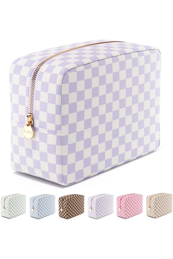 Makeup Bag Travel Pouch and Toiletry Bag, Nylon Zipper Pouch Purse, Cute Make Up Organizer Storage Tote for Women Girls, Travel Skincare Case, Large Makeup Case, Dusty Rose Checkered