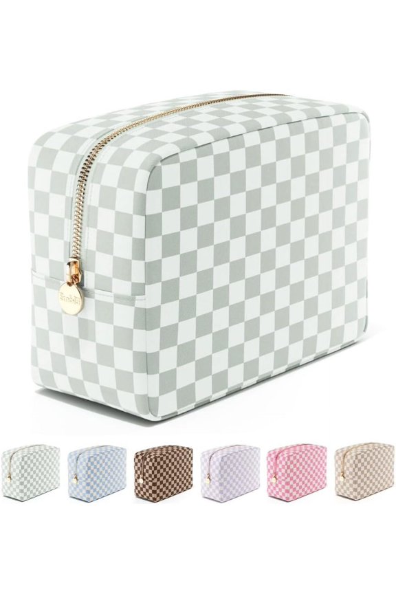 Makeup Bag Travel Pouch and Toiletry Bag, Nylon Zipper Pouch Purse, Cute Make Up Organizer Storage Tote for Women Girls, Travel Skincare Case, Large Makeup Case, Mint Green Checkered