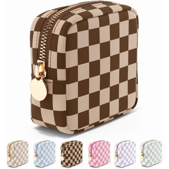 Makeup Bag Travel Pouch and Toiletry Bag, Nylon Zipper Pouch Purse, Cute Make Up Organizer Storage Tote for Women Girls, Travel Skincare Case, Mini Makeup Case, Sand Checkered