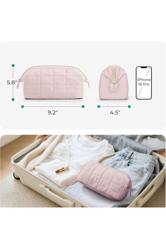 Makeup Bag Travel Toiletry Bag, Puffy Padded Make Up Bags for Women Makeup Organizer Case, Wide-open Pouch Purse Travel Essentials Toiletries Accessories Brushes, Chocolate