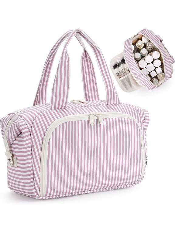 Makeup Bag Travel Toiletry Bag for Women, Wide Open Large Cosmetic Bags Make up Organizer with Handle, Wet Pocket for Towel, Travel Bag for Toiletries