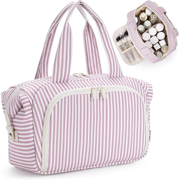 Makeup Bag Travel Toiletry Bag for Women, Wide Open Large Cosmetic Bags Make up Organizer with Handle, Wet Pocket for Towel, Travel Bag for Toiletries