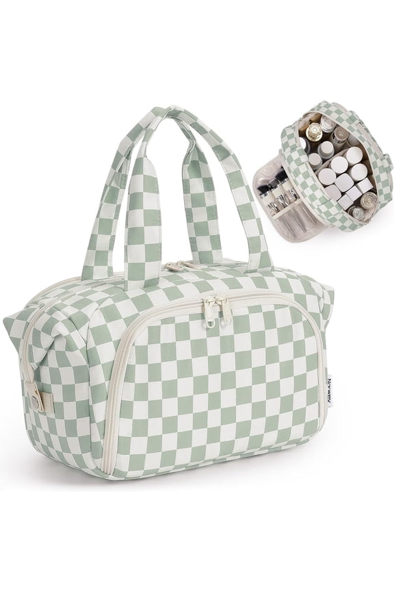 Makeup Bag Travel Toiletry Bag for Women, Wide Open Large Cosmetic Bags Make up Organizer with Handle, Wet Pocket, for Towel Toiletries, Checkerboard