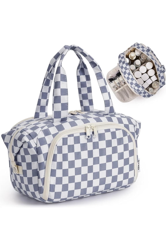 Makeup Bag Travel Toiletry Bag for Women, Wide Open Large Cosmetic Bags Make up Organizer with Handle, Wet Pocket, for Towel Toiletries, Checkerboard