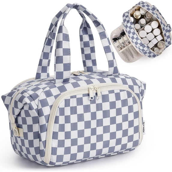Makeup Bag Travel Toiletry Bag for Women, Wide Open Large Cosmetic Bags Make up Organizer with Handle, Wet Pocket, for Towel Toiletries, Checkerboard