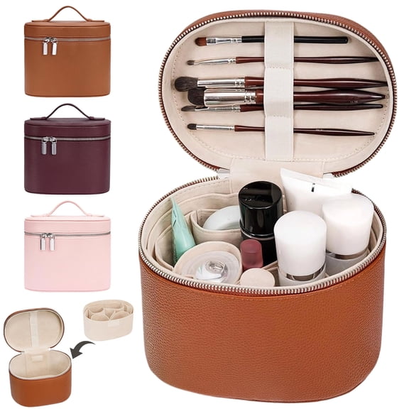 Makeup Bag Vanity Case for Women,8.5x6.3x6.7" Large Capacity Cosmetic Organizer with Removable Liner,Cosmetic Bag Makeup Organizer Case,Waterproof PU Leather Portable Toiletry Bag for Women
