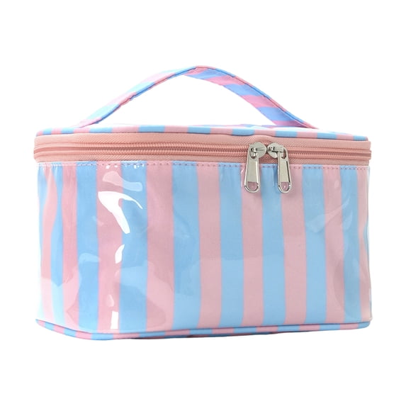 Makeup Bag Waterproof Pvc Material Large Capacity Toiletry Bag Bridesmaid Gift for Travel Vacation Cruise Travel with Pink Blue Stripes Top Carry Handle