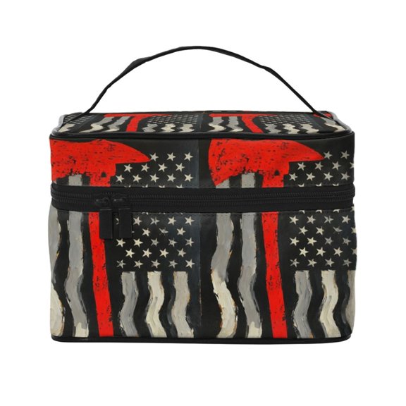 Makeup Bag With Handle Thin Red Firefighter Line Axe Flag Storage Bag Toiletry Pocket Portable Zippered Pouch Cosmetic Organizer Bag For Women