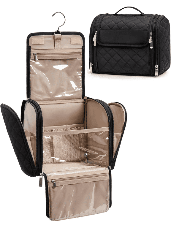 Hanging Toiletry Bag for Women, Large Capacity Travel Makeup Bag with Hook, Cosmetic Organizer for Full-Size Toiletries and Cosmetics, Portable Travel Essentials, Black