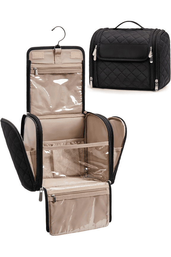 Hanging Toiletry Bag for Women, Large Capacity Travel Makeup Bag with Hook, Cosmetic Organizer for Full-Size Toiletries and Cosmetics, Portable Travel Essentials, Black