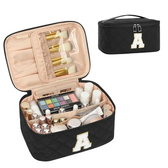 Makeup Bag for Women, Monogram Cosmetic Bag with Brush Holder,Black Travel Makeup Case Beauty Toiletry Bag Organizer Personalized Gifts for Girls Bridesmaid, Sister, Wife, Friends Initial A