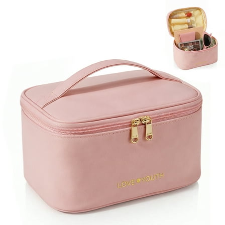 Makeup Bag for Women, Portable Cosmetic Bag, Large Capacity Travel Makeup Organizer, Cosmetic Brush Case Gifts for Girls with Handle (Pink)