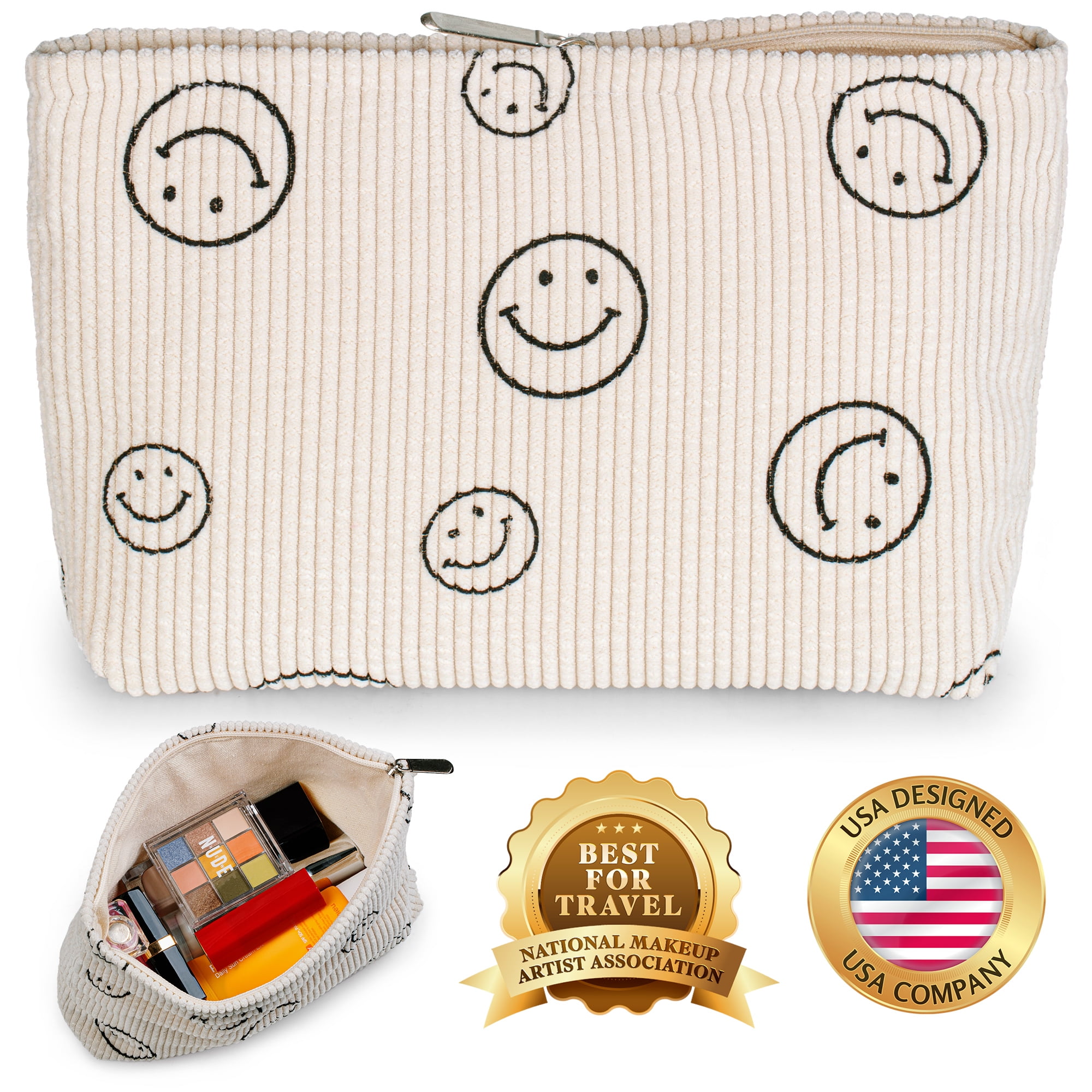 Makeup Bag for Women (Beige Latte), Cute Smiley Face Cosmetic Toiletry ...