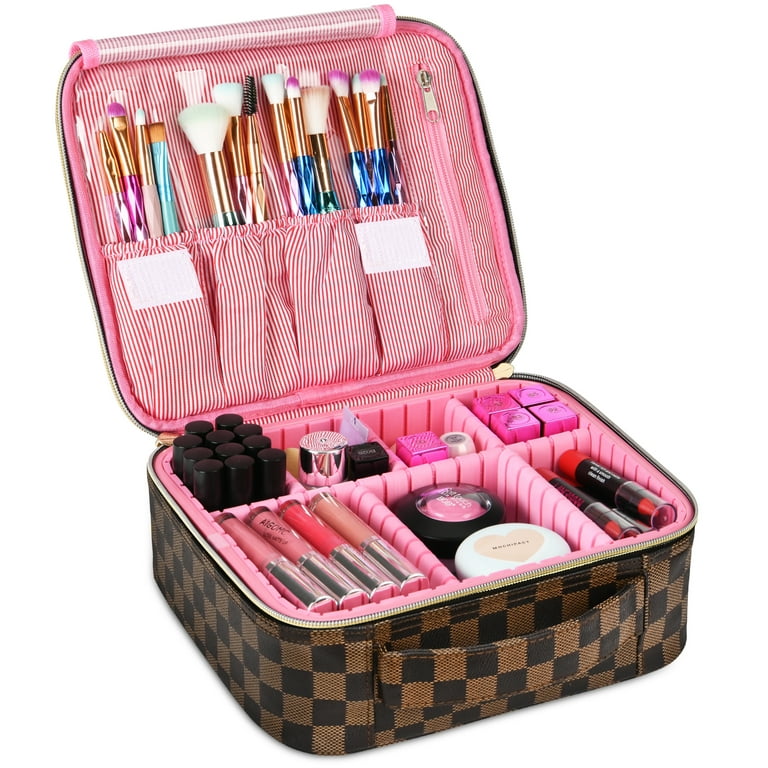 Makeup Bag for Women, Checkered Cosmetic Case, Travel Cosmetic Organizer  with Adjustable Dividers, Pink