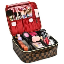 Makeup Bag for Women, Checkered Cosmetic Case, Travel Cosmetic Organizer with Adjustable Dividers, Red